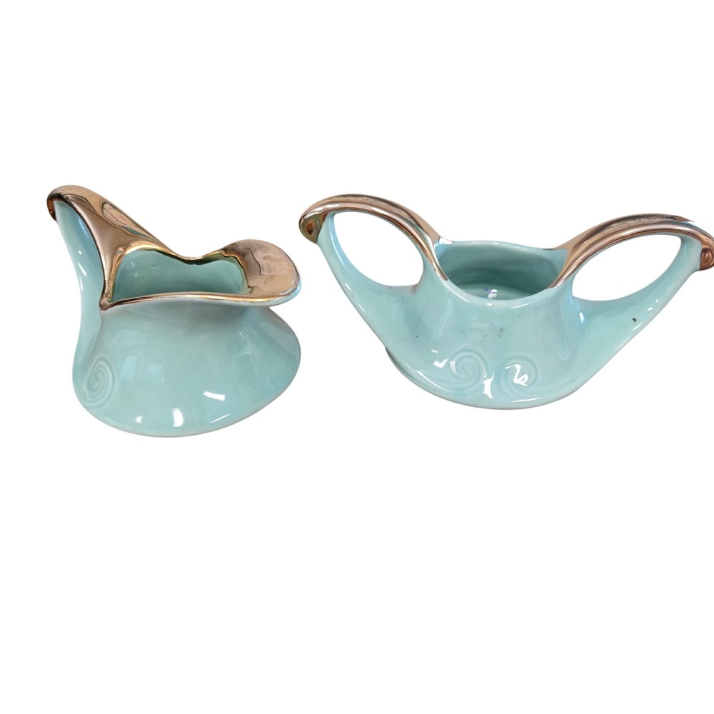 Vintage Aqua Ceramic Creamer Pitcher Sugar Bowl Set 22K Gold Swirl Accents